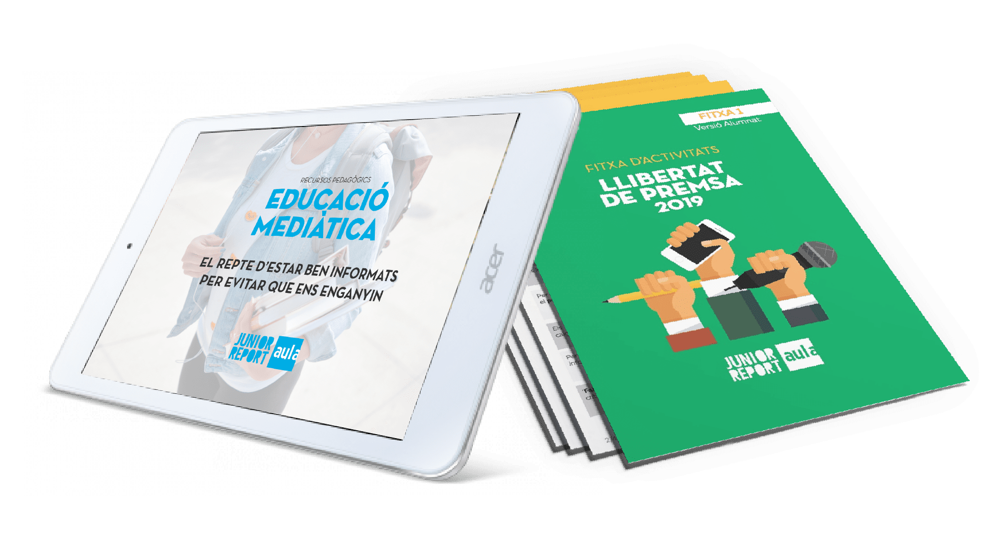 Ipad Acer con una imagen de Recursos Pedagògics Educación Mediàtica y 3 hojas con fichas de actividades Llibetat de premsa de Junior Report Aula